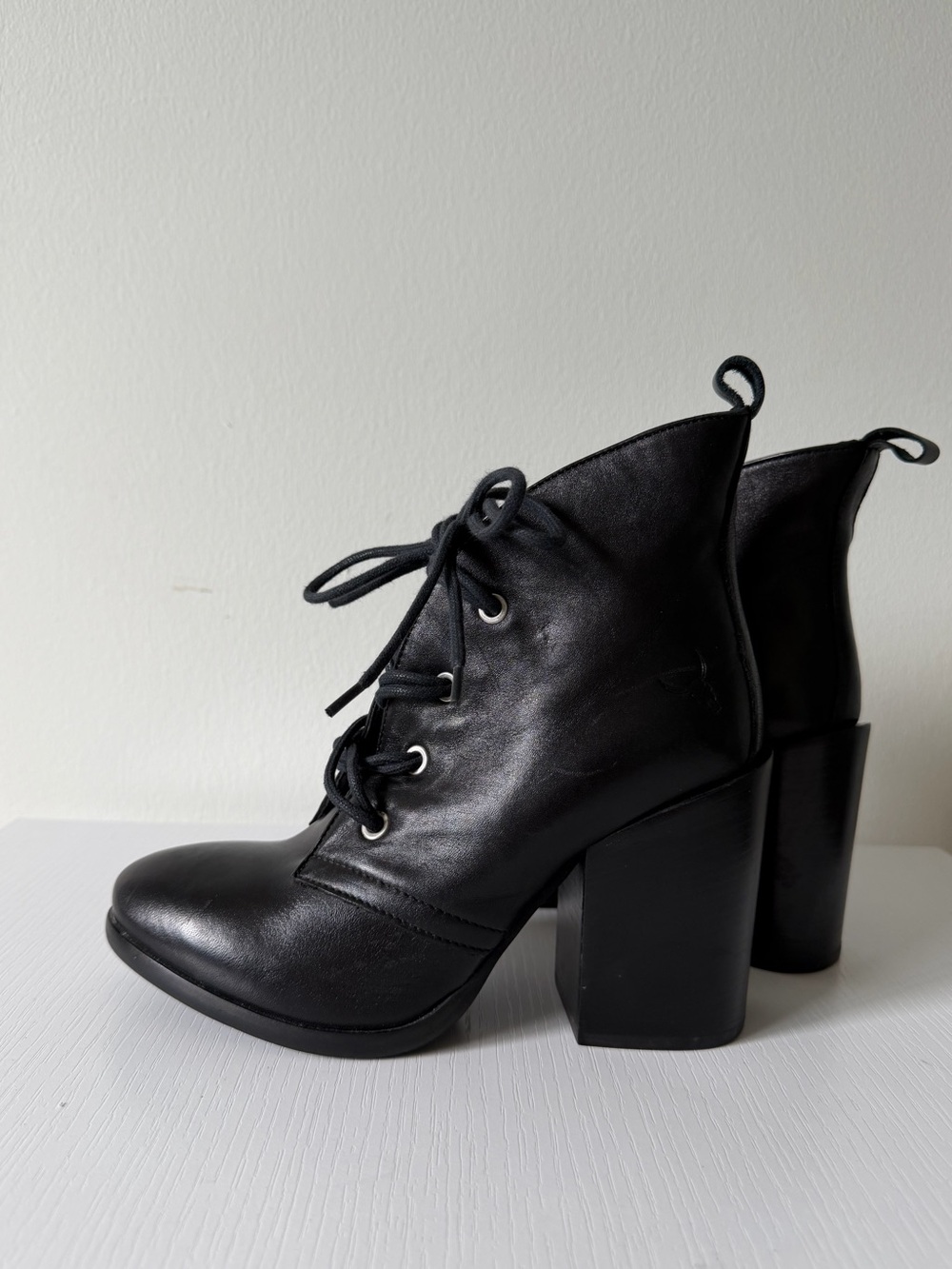 RUDSAK Black Leather Lace-Up High Block Heel Ankle Booties